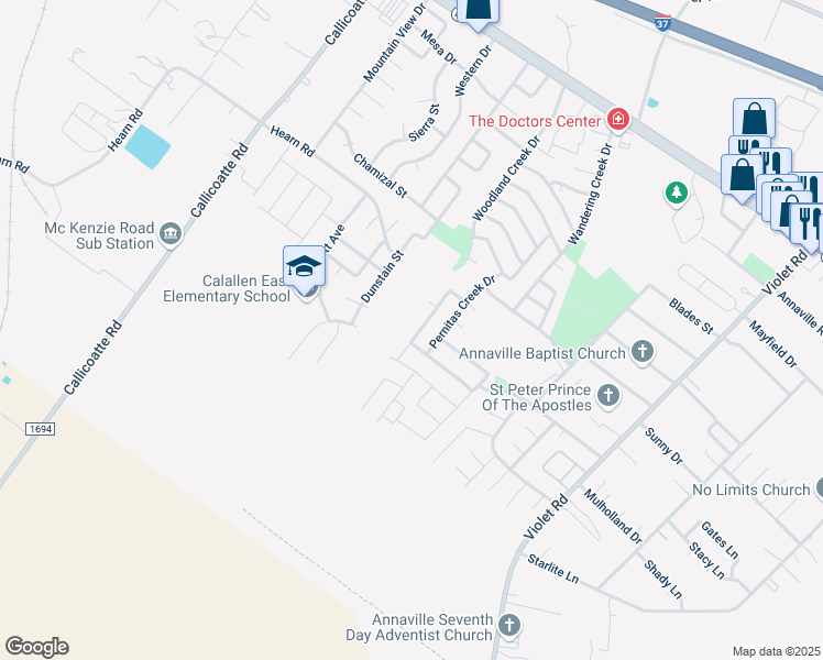 map of restaurants, bars, coffee shops, grocery stores, and more near 3929 Sandy Hollow Drive in Corpus Christi