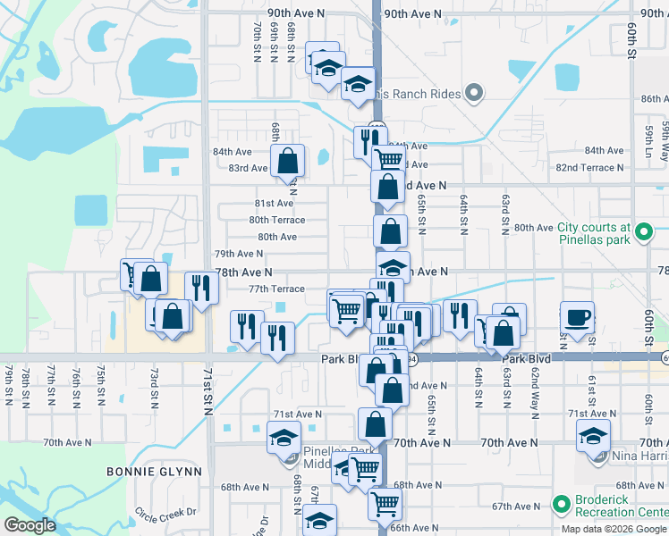 map of restaurants, bars, coffee shops, grocery stores, and more near 6699 78th Avenue North in Pinellas Park