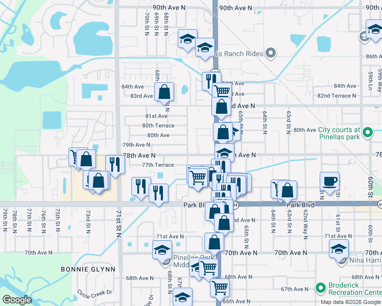map of restaurants, bars, coffee shops, grocery stores, and more near 6699 78th Avenue North in Pinellas Park