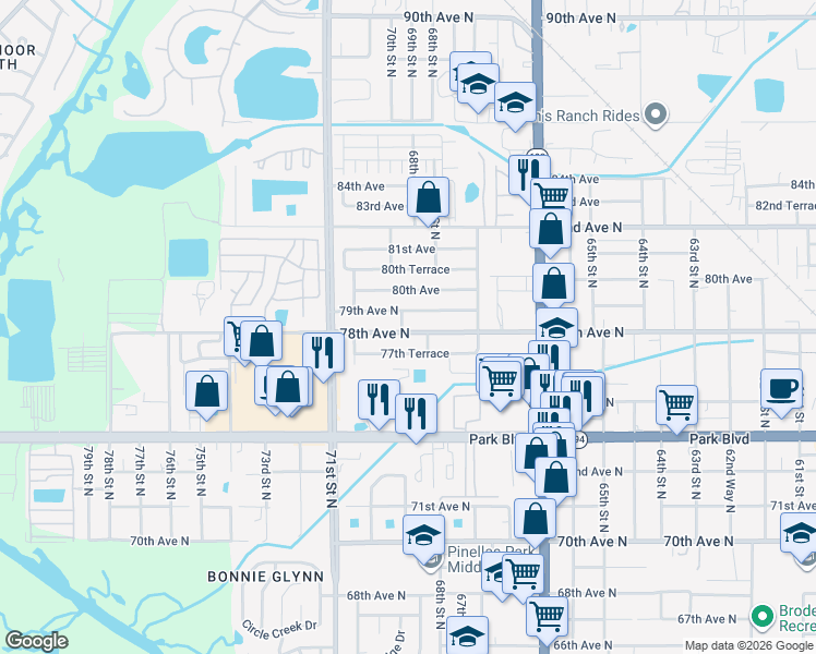 map of restaurants, bars, coffee shops, grocery stores, and more near 6891 78th Avenue North in Pinellas Park