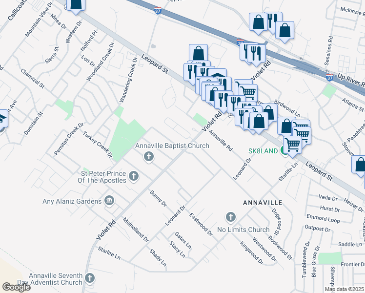 map of restaurants, bars, coffee shops, grocery stores, and more near 4133 Violet Road in Corpus Christi