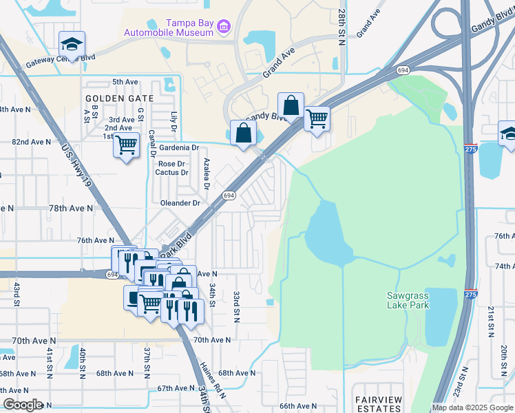 map of restaurants, bars, coffee shops, grocery stores, and more near 521 78th Terrace in St. Petersburg