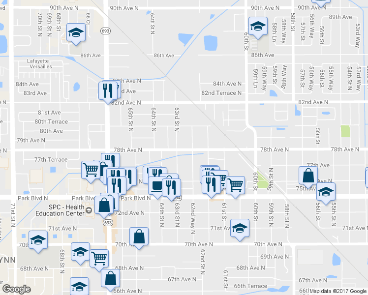 map of restaurants, bars, coffee shops, grocery stores, and more near 6279 78th Avenue North in Pinellas Park