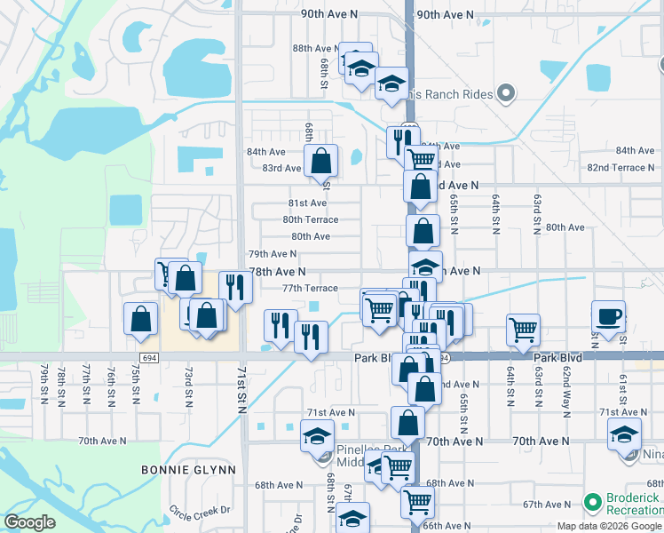 map of restaurants, bars, coffee shops, grocery stores, and more near 6775 78th Avenue North in Pinellas Park