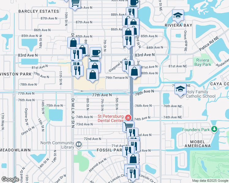map of restaurants, bars, coffee shops, grocery stores, and more near 478 77th Avenue North in St. Petersburg