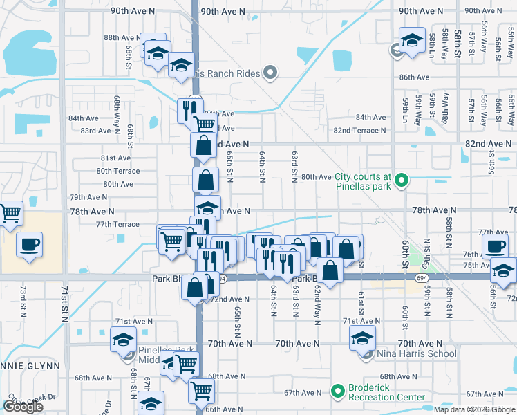 map of restaurants, bars, coffee shops, grocery stores, and more near 6421 78th Avenue North in Pinellas Park