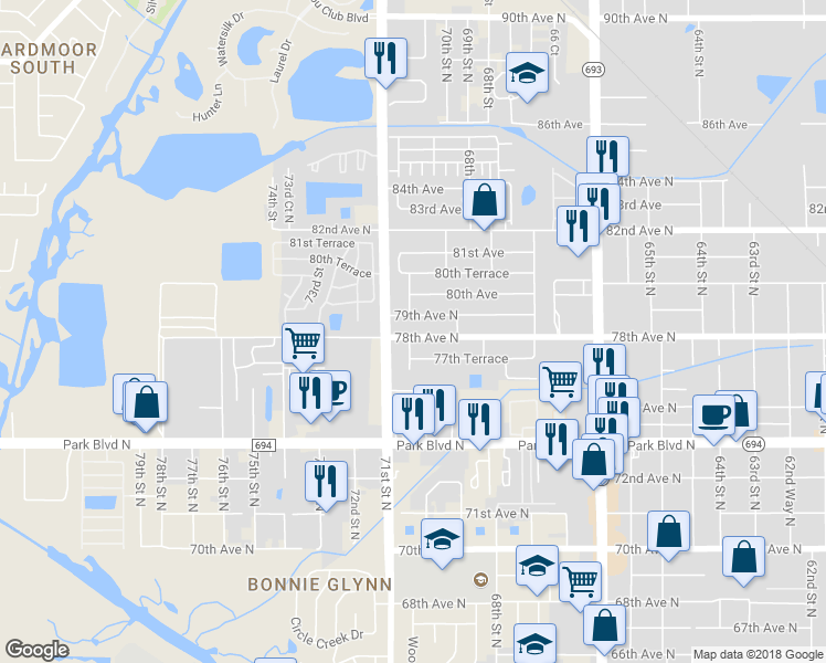 map of restaurants, bars, coffee shops, grocery stores, and more near 6991 78th Avenue North in Pinellas Park
