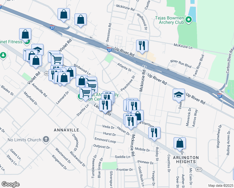 map of restaurants, bars, coffee shops, grocery stores, and more near 10710 Timbergrove Lane in Corpus Christi