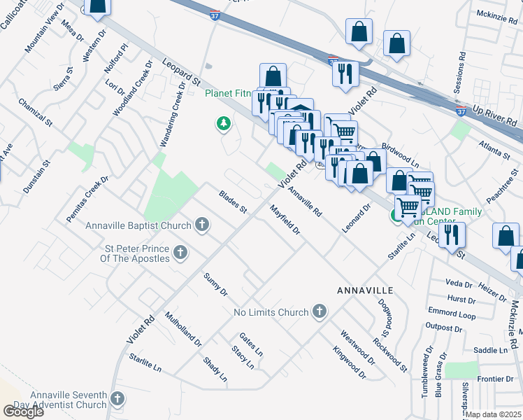 map of restaurants, bars, coffee shops, grocery stores, and more near 4133 Violet Road in Corpus Christi