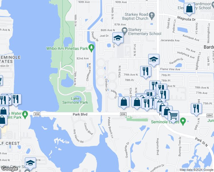 map of restaurants, bars, coffee shops, grocery stores, and more near Garden Drive in Seminole