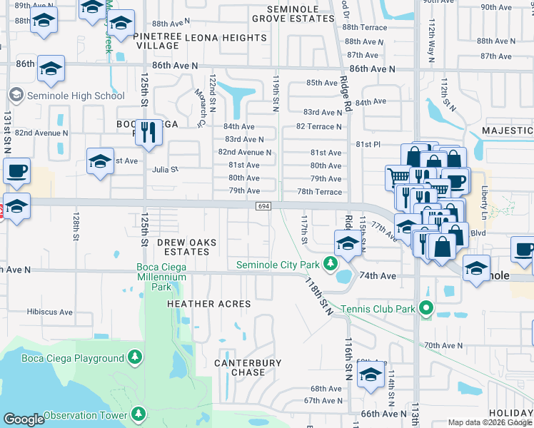 map of restaurants, bars, coffee shops, grocery stores, and more near 229 Mission Circle in Seminole