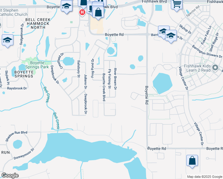 map of restaurants, bars, coffee shops, grocery stores, and more near 10452 Fly Fishing Street in Riverview