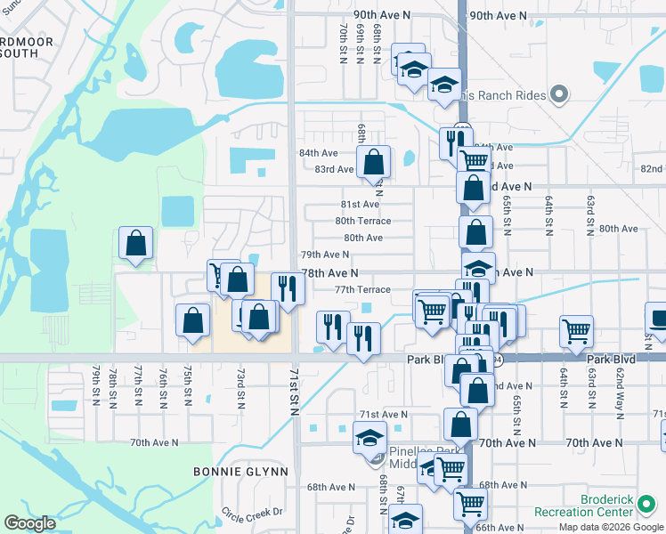 map of restaurants, bars, coffee shops, grocery stores, and more near 6991 78th Avenue North in Pinellas Park