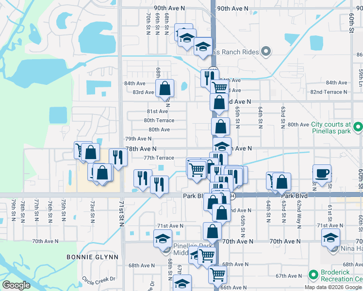 map of restaurants, bars, coffee shops, grocery stores, and more near 6723 78th Avenue North in Pinellas Park