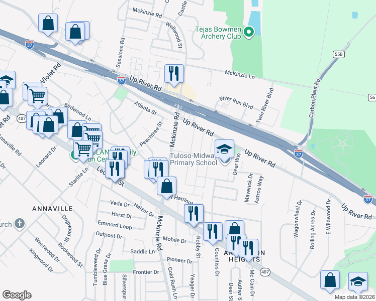map of restaurants, bars, coffee shops, grocery stores, and more near 3205 Creek Side Drive in Corpus Christi