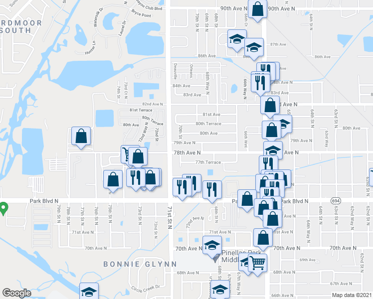 map of restaurants, bars, coffee shops, grocery stores, and more near 6991 78th Avenue North in Pinellas Park
