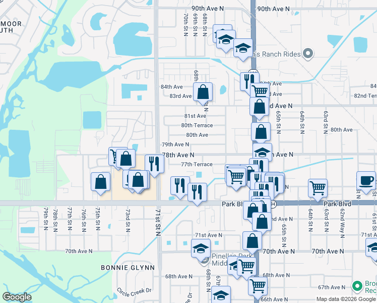 map of restaurants, bars, coffee shops, grocery stores, and more near 6891 78th Avenue North in Pinellas Park