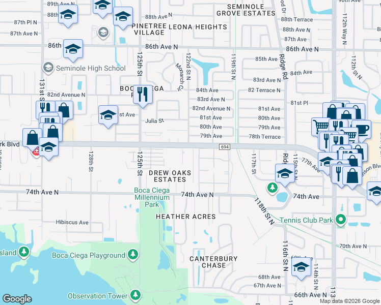 map of restaurants, bars, coffee shops, grocery stores, and more near 7772 Barry Court in Seminole