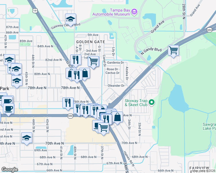 map of restaurants, bars, coffee shops, grocery stores, and more near 34436 Oleander Drive in Pinellas Park