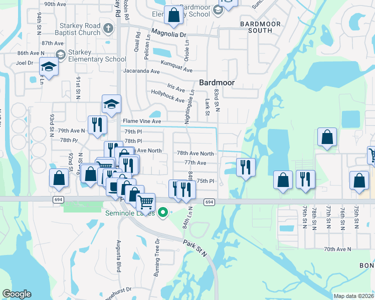 map of restaurants, bars, coffee shops, grocery stores, and more near 8491 78th Avenue North in Seminole