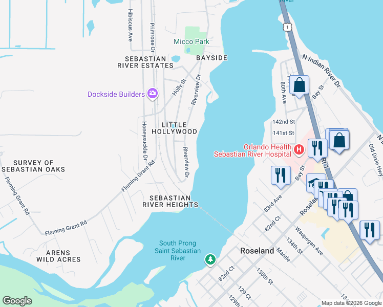 map of restaurants, bars, coffee shops, grocery stores, and more near 9884 Riverview Drive in Sebastian