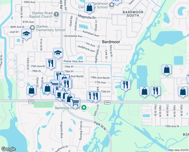 map of restaurants, bars, coffee shops, grocery stores, and more near 8491 78th Avenue North in Seminole
