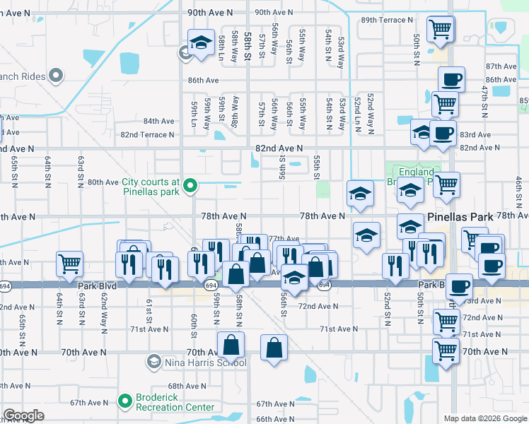 map of restaurants, bars, coffee shops, grocery stores, and more near 5695 78th Avenue North in Pinellas Park