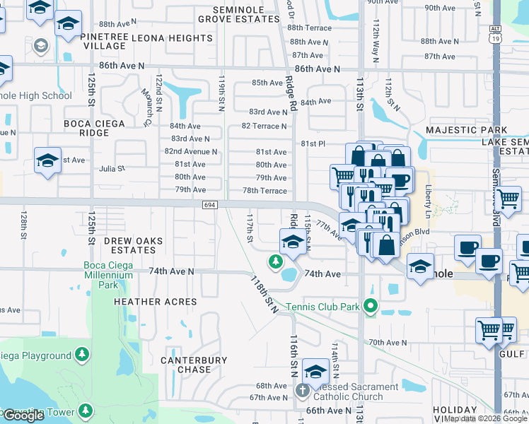 map of restaurants, bars, coffee shops, grocery stores, and more near 11710 Park Boulevard North in Seminole