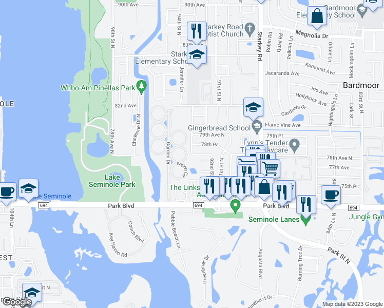 map of restaurants, bars, coffee shops, grocery stores, and more near 7816 93rd Street North in Seminole