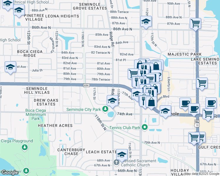 map of restaurants, bars, coffee shops, grocery stores, and more near 7790 Park Boulevard North in Seminole