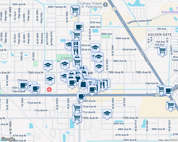 map of restaurants, bars, coffee shops, grocery stores, and more near 7800 47th Street North in Pinellas Park