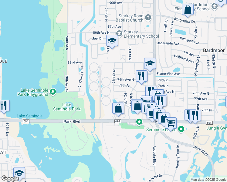 map of restaurants, bars, coffee shops, grocery stores, and more near 7816 93rd Street North in Seminole
