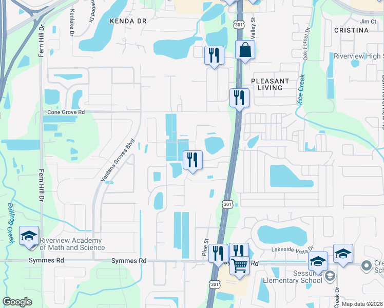 map of restaurants, bars, coffee shops, grocery stores, and more near 10403 Laguna Plains Drive in Riverview