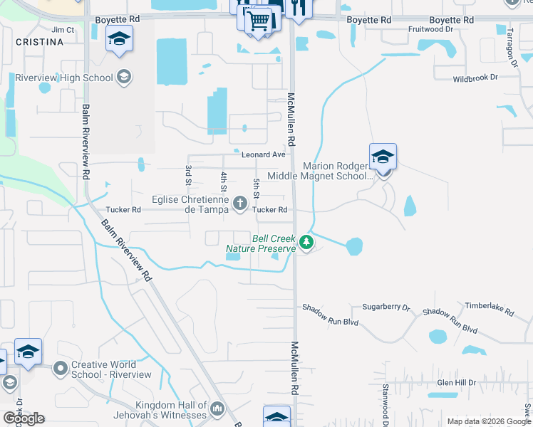 map of restaurants, bars, coffee shops, grocery stores, and more near 11703 Tucker Road in Riverview