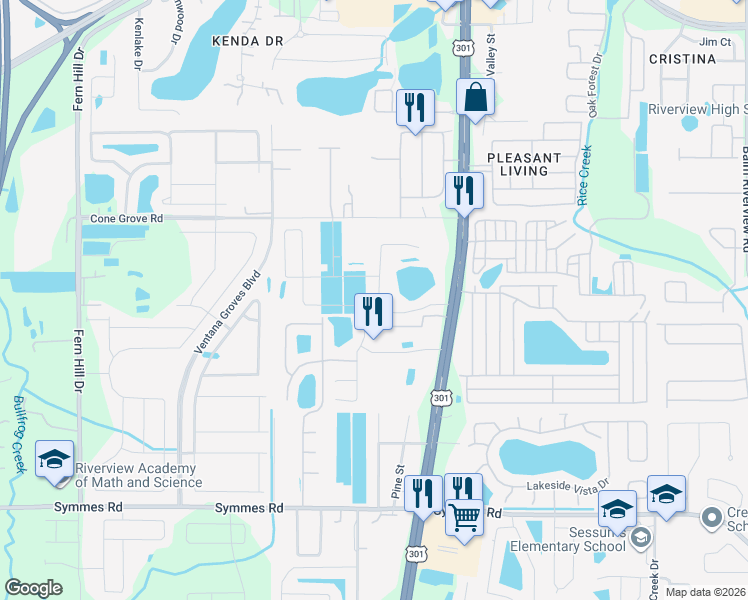 map of restaurants, bars, coffee shops, grocery stores, and more near 10403 Laguna Plains Drive in Riverview