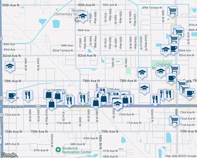 map of restaurants, bars, coffee shops, grocery stores, and more near 5797 78th Avenue North in Pinellas Park