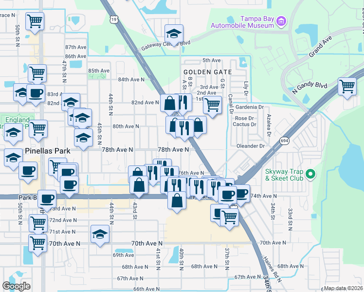 map of restaurants, bars, coffee shops, grocery stores, and more near 7880 Florida 55 in Pinellas Park