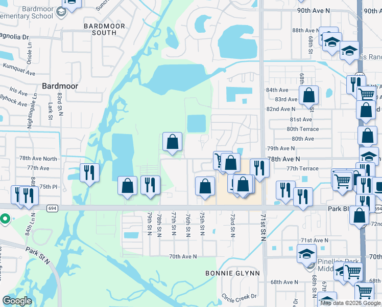 map of restaurants, bars, coffee shops, grocery stores, and more near 7595 78th Avenue North in Pinellas Park