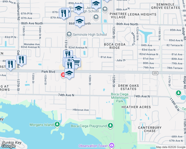 map of restaurants, bars, coffee shops, grocery stores, and more near 12750 Park Boulevard North in Seminole