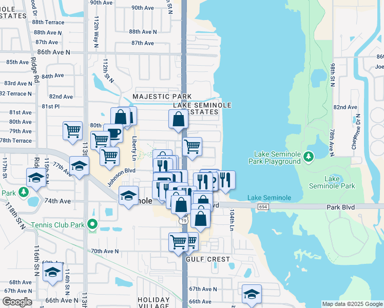map of restaurants, bars, coffee shops, grocery stores, and more near 10673 Lake Vista Drive in Seminole