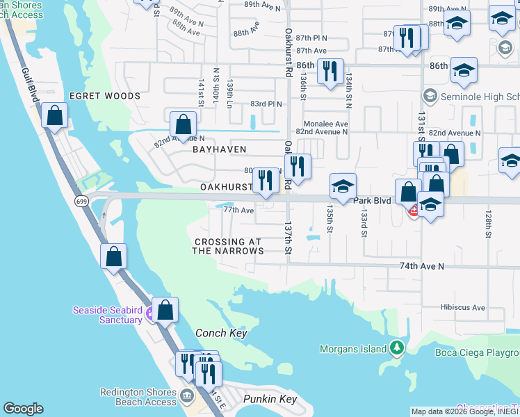 map of restaurants, bars, coffee shops, grocery stores, and more near 13855 138th Street in Seminole