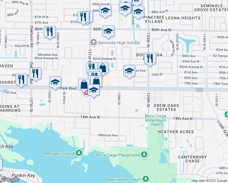 map of restaurants, bars, coffee shops, grocery stores, and more near 7770 128th Street in Seminole
