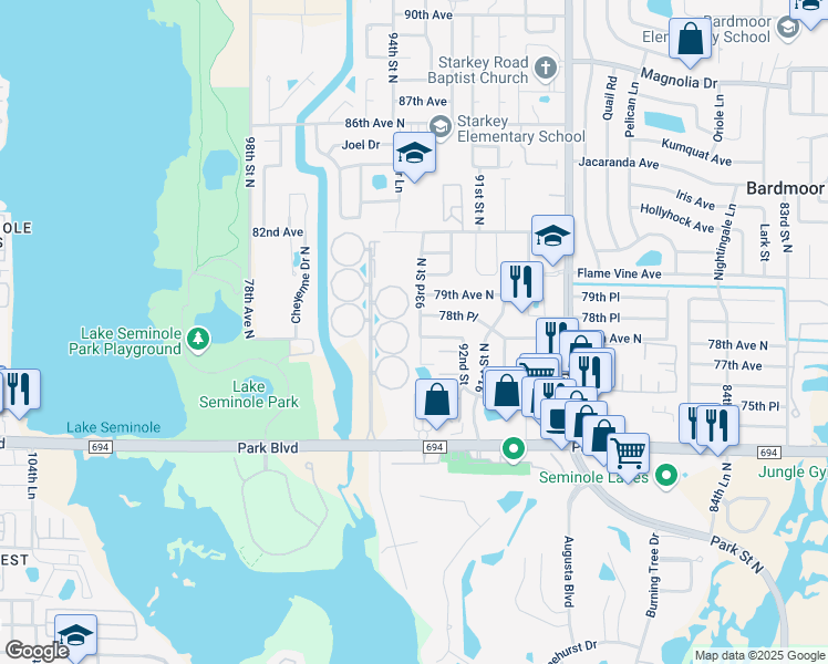 map of restaurants, bars, coffee shops, grocery stores, and more near 7816 93rd Street North in Seminole