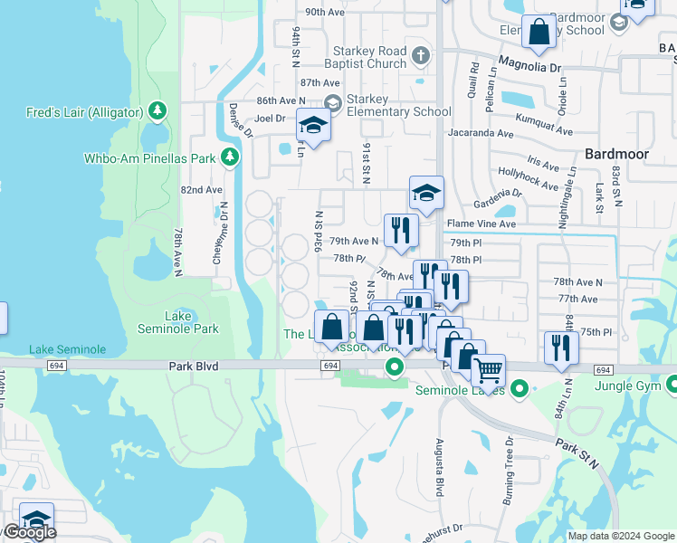 map of restaurants, bars, coffee shops, grocery stores, and more near 9247 78th Avenue North in Seminole