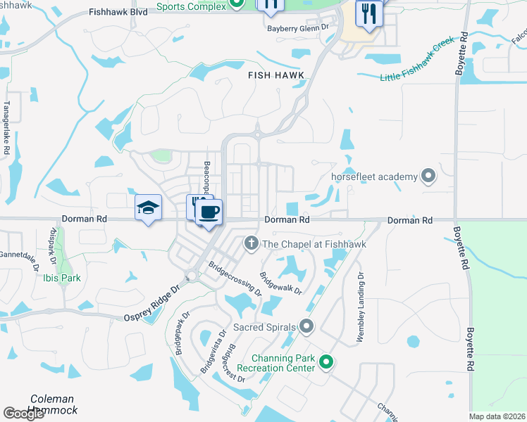 map of restaurants, bars, coffee shops, grocery stores, and more near 5942 Churchside Drive in Lithia