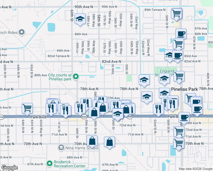 map of restaurants, bars, coffee shops, grocery stores, and more near 5695 78th Avenue North in Pinellas Park