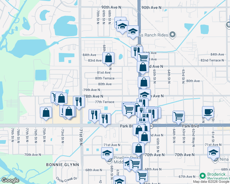 map of restaurants, bars, coffee shops, grocery stores, and more near 6775 78th Avenue North in Pinellas Park