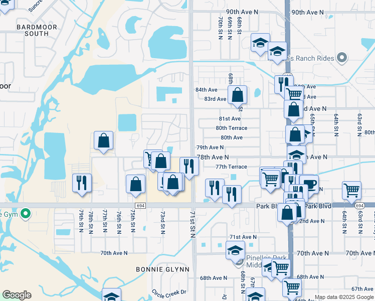 map of restaurants, bars, coffee shops, grocery stores, and more near 7700 Belcher Road in Pinellas Park