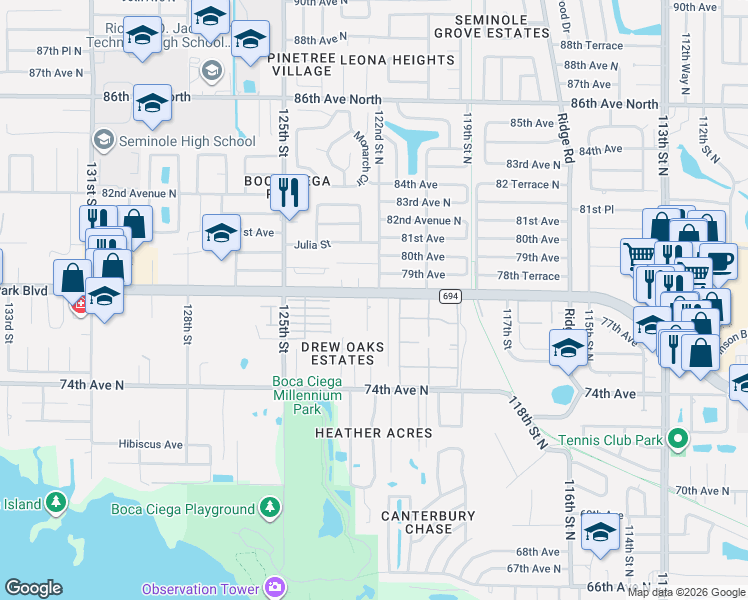 map of restaurants, bars, coffee shops, grocery stores, and more near 7772 Barry Court in Seminole