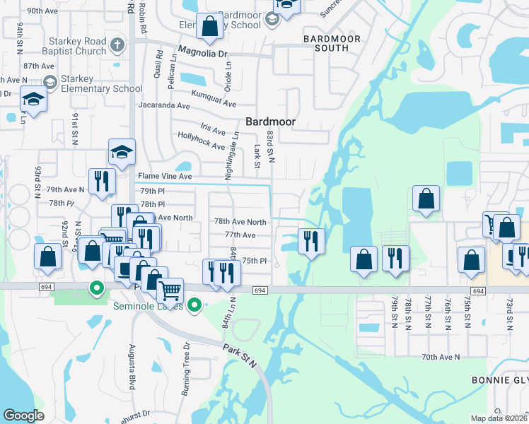 map of restaurants, bars, coffee shops, grocery stores, and more near 8314 78th Terrace in Seminole
